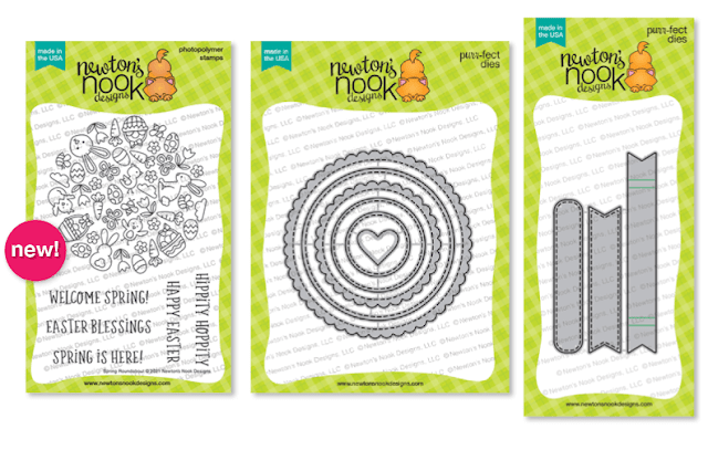 Spring Roundabout Stamp set, Circle Frames Die Set and Banner Trio Die Set by Newton's Nook Designs