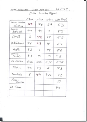 NOTAS ESCOLARES LIDIA 4º ESO