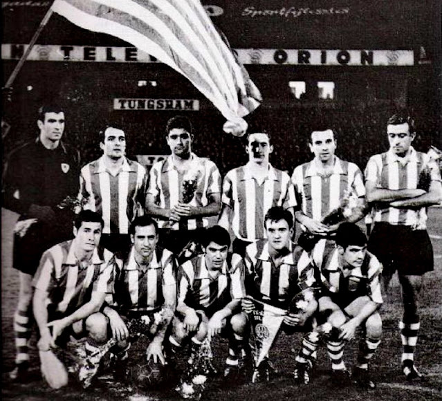 ATLÉTICO DE BILBAO. Temporada 1967-68. Iríbar, Sáez, Echeberría, Aranguren, Aguirre, Larrauri. Zugazaga, Argoitia, Arieta II, Uriarte y Rojo I. FERENCVÁROS TC 2 🆚 ATLÉTICO DE BILBAO 1 Resultado eliminatoria: FERENCVÁROS TC 4 🆚 ATLÉTICO DE BILBAO 2 Miércoles 13/03/1968. Copa de Ferias, cuartos de final, partido de ida. Budapest, Hungría, Népstadion. GOLES: ⚽1-0: 14’, Albert. ⚽2-0: Dezsö Novák, de penalti. ⚽2-1: 59’, Betzuen.