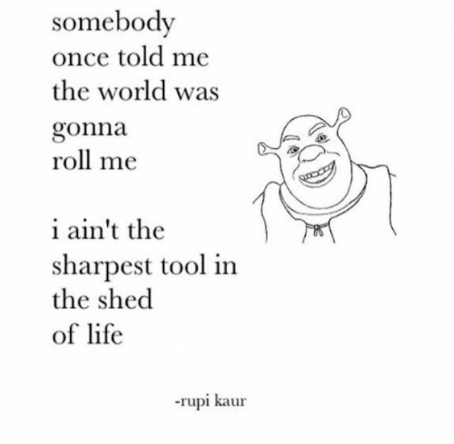 The text says 'somebody once told me the world was gonna roll me i ain't the sharpest tool in the shed - rupi kaur'. There is a drawing of Shrek at the bottom of the page.