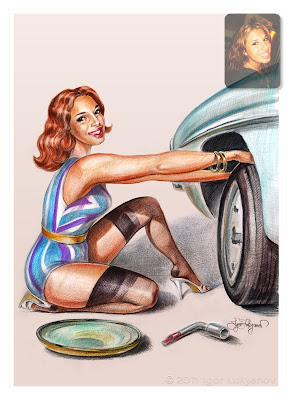 dessin pin up, pinup avec voiture