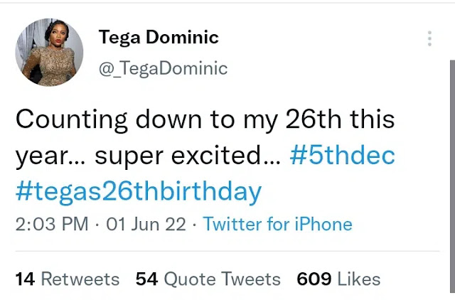 BBNaija’s Tega Dominic subtly shades Maria as she countdowns to her 26th birthday