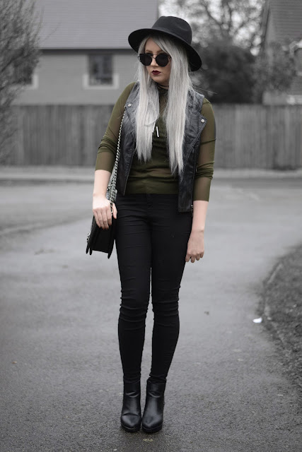 Sammi Jackson - Primark Fedora, Zaful Sunglasses, Aliexpress Faux Suede Choker, Choies Green Mesh Top, Primark Faux Leather Vest. Topshop Joni Jeans, OASAP Quilted Bag, Topshop Alexy Boots