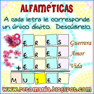 Alfaméticas, Criptoaritmética, Criptosumas, Juego de Letras, Criptogramas, Problemas matemáticos, Desafíos matemáticos, Problemas de ingenio matemático