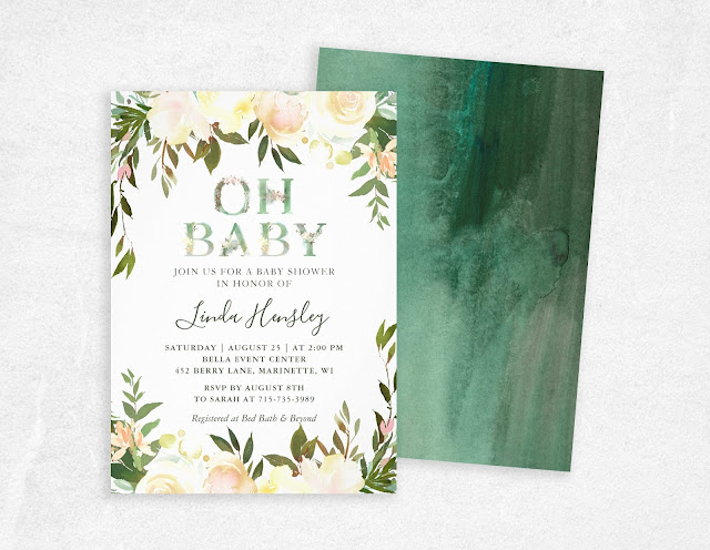  Oh Baby Shower Typography Floral Greenery White Invitation