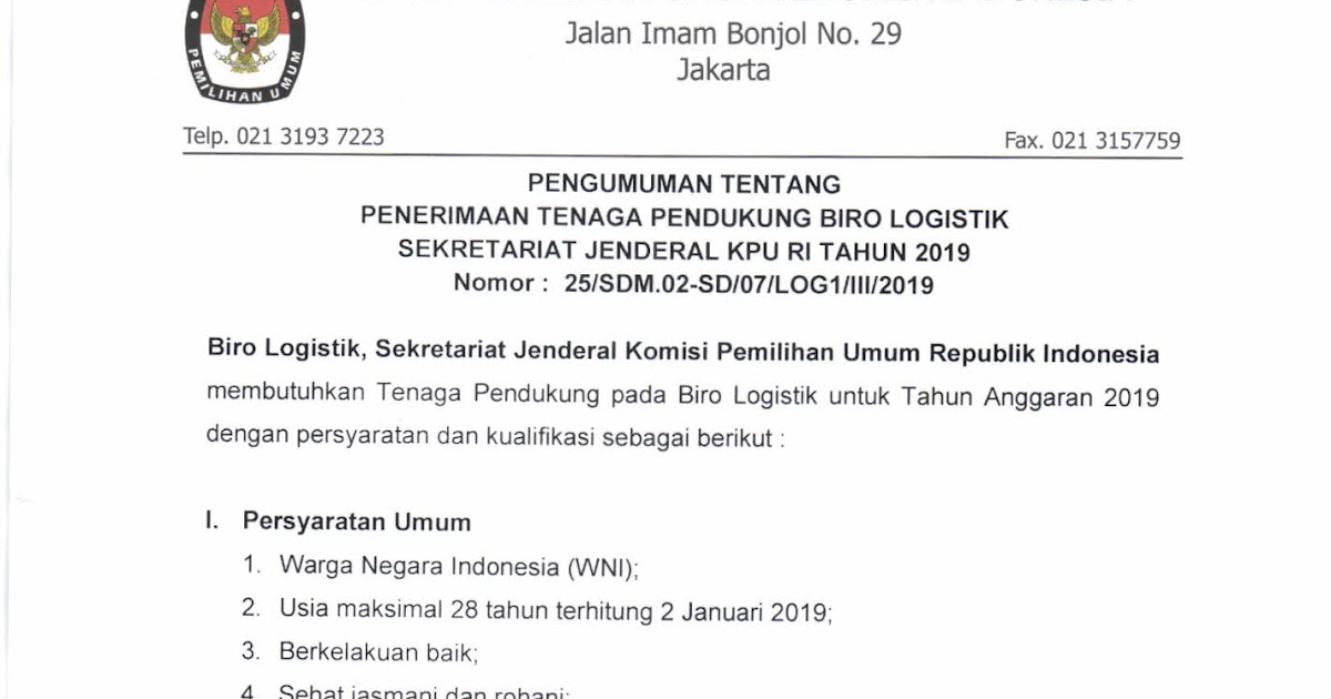 Lowongan Kerja Lowongan Kerja Biro Logistik Komisi Pemilihan Umum Republik Indonesia   April 2024