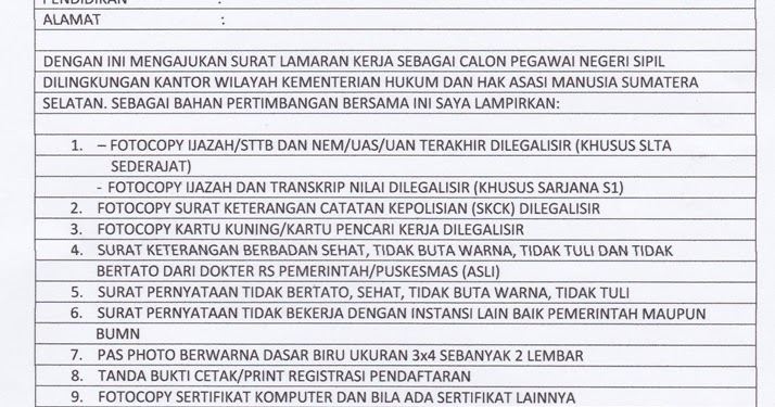 Contoh Surat Lamaran Kerja Kementrian Hukum dan HAM dan 