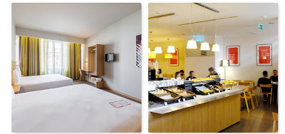 Foto de um dos quartos e da sala de pequeno almoço do Hotel Moov Centro Porto