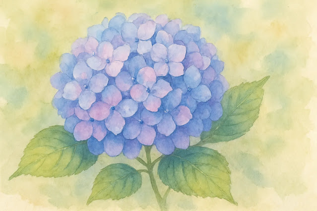 水彩画で描かれた、静岡県松崎町「牛原山あじさいの丘」に咲く紫と青のアジサイの花と緑の葉