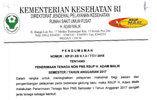 Penerimaan Tenaga Non PNS RSUP H.Adam Malik Medan Semester 