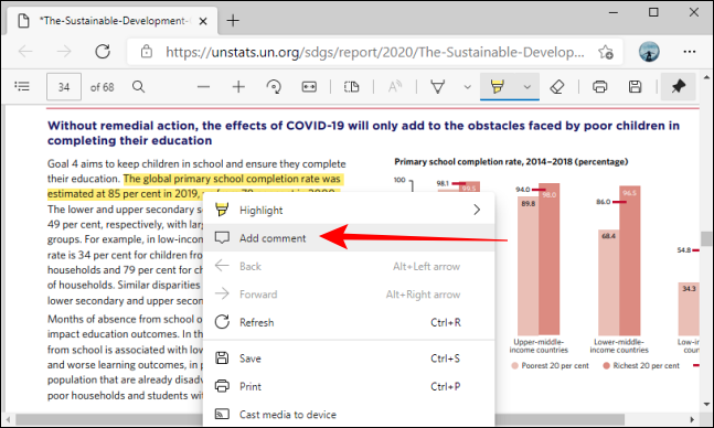 حدد خيار إضافة تعليق للتمييز في Microsoft Edge