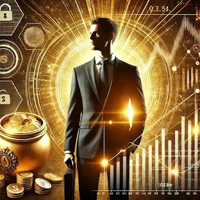 A welcome image for Financial Mindset featuring a confident professional standing in front of a rising financial chart, symbolizing security and financial success.