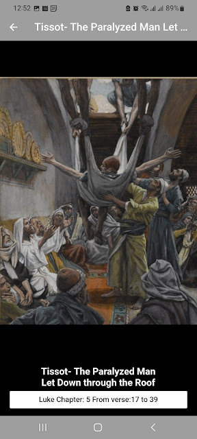 Tissot - The paralysed man let through the roof Luke 5:17-39