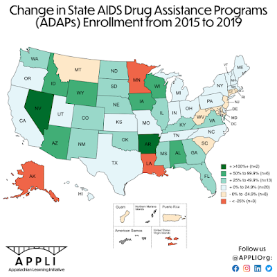 Map showing change in State AIDS Drug Assistance Programs (ADAPs) enrollment 2015-2019