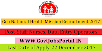 Goa National Health Mission Recruitment 2017– 50 Staff Nurses, Data Entry Operators