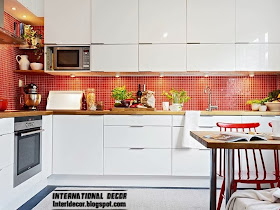 Scandinavian kitchen style and design, red and white mosaic tiles