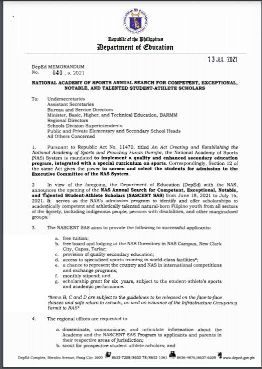 DEPED DM NO.040: NATIONAL ACADEMY OF SPORTS ANNUAL SEARCH FOR COMPETENT, EXCEPTIONAL, NOTABLE, AND TALENTED STUDENT-ATHLETE SCHOLARS