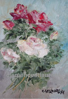 My bouquet, 5 x 4 oil painting by Clemence St. Laurent, spray of white and red roses