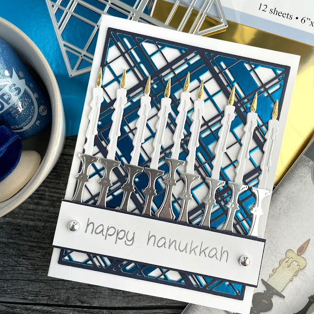 Hanukkah Card created with: Tim Holtz layered plaid die, colorize candlelight, metallic kraft cardstock; Scrapbook.com solar white cardstock, smart glue; Ranger silver embossing powder; The Crafters Workshop champagne gold foil; Pinkfresh silver pearls