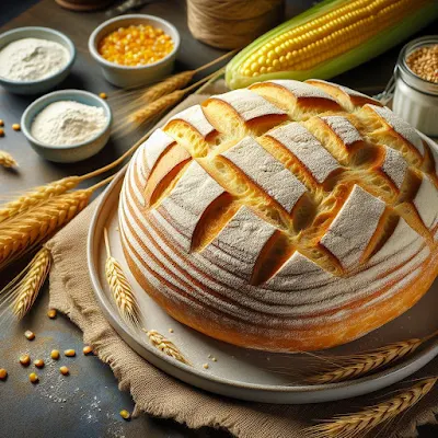 Das Bild zeigt ein Laib Maisbrot. Das ist rund und hat eine goldbraune Kruste. Die Kruste ist knusprig und ist fein porig. Das Brotinnere ist hellgelb und locker. Maisbrot ist ein beliebtes Brot in vielen Ländern der Welt. Es wird aus Maismehl, Wasser, Hefe und Salz hergestellt.