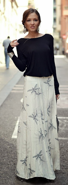 Lullaby Print Maxi Skirt and Black Long Sleeve Top - Street Styles
