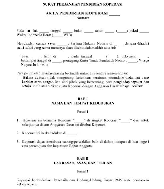 Contoh Surat Perjanjian Pendirian Koperasi yang Baik dan Benar Format Word  Doc