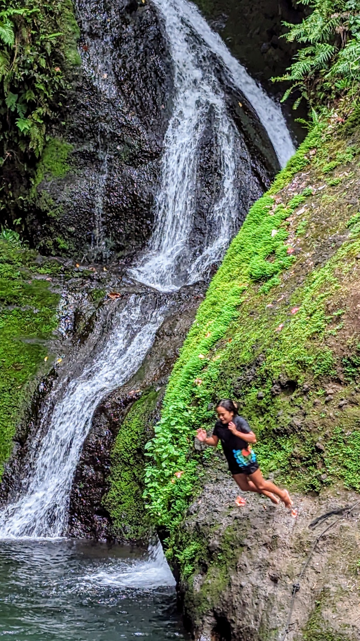 A girl joyfully leaps into a waterfall's pool off a moss covered rock