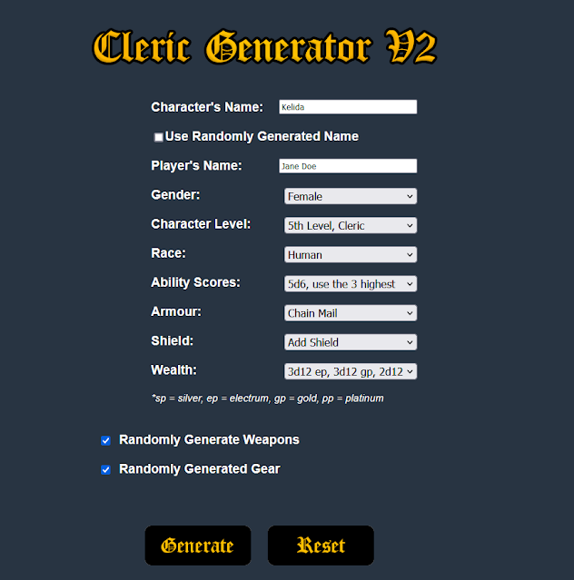 Basic Fantasy RPG Cleric Generator