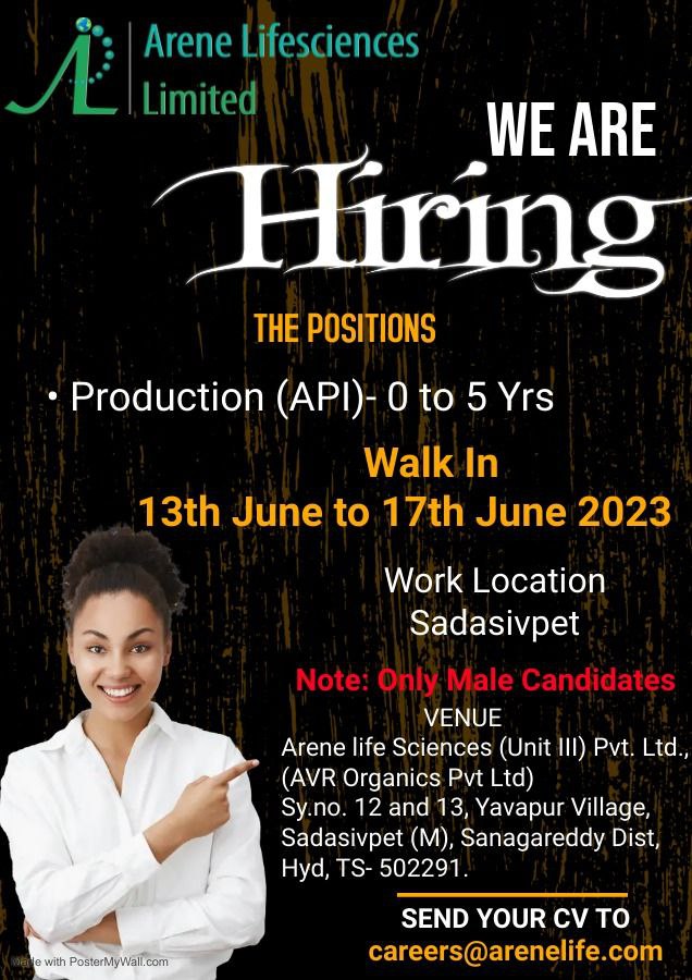 Arene life Sciences | Walk-in interview for Freshers and Experienced from 13th to 17th June 2023