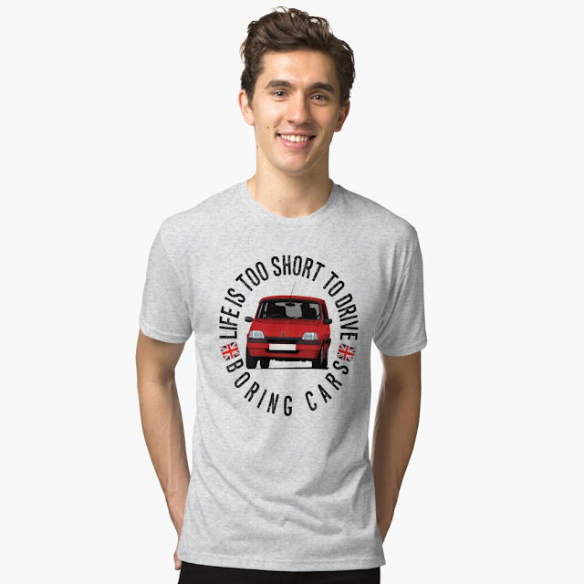 Life is too short to drive boring cars with red Rover Metro t-shirts