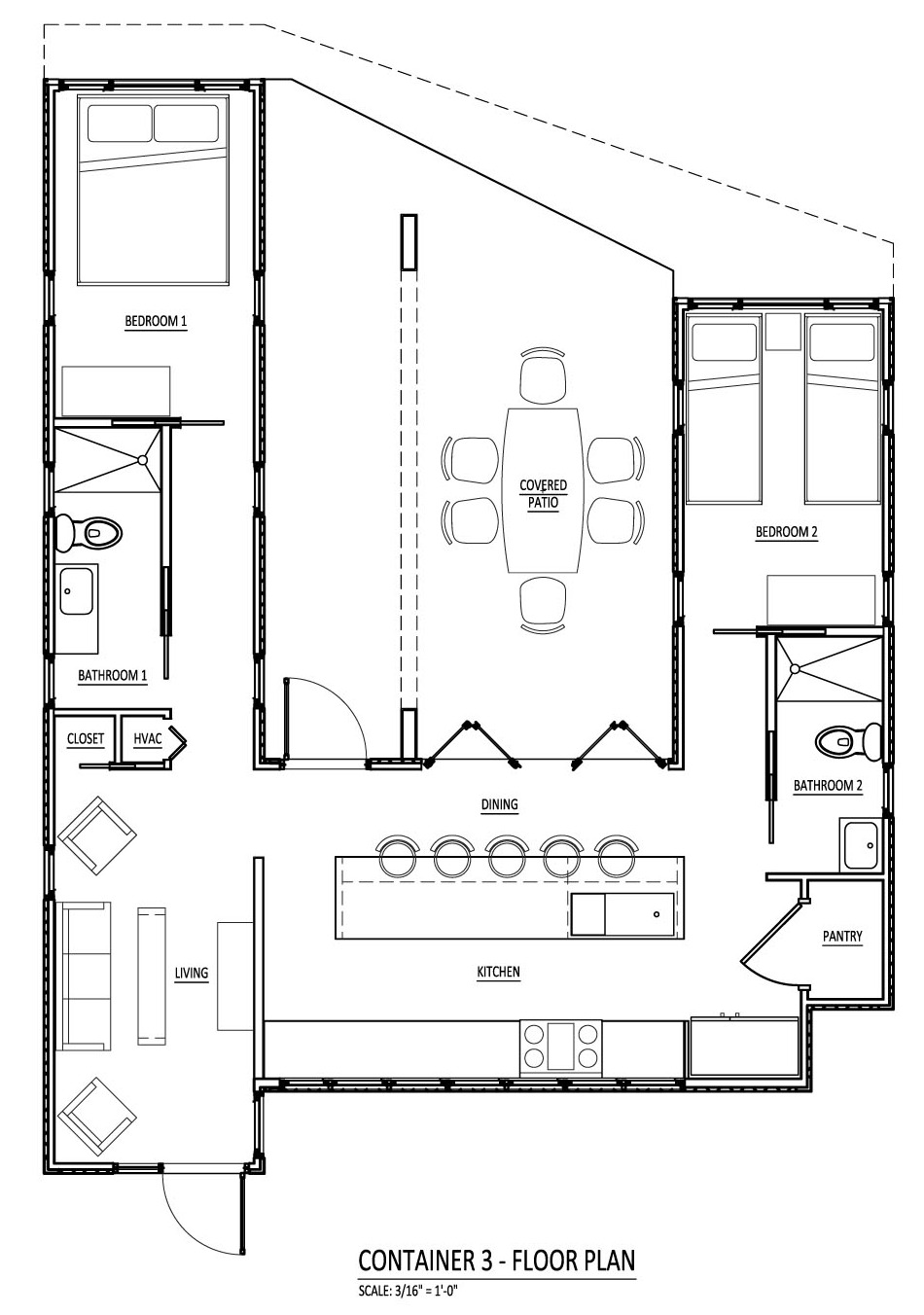 Floor plan for a home using three shipping containers in a "U 