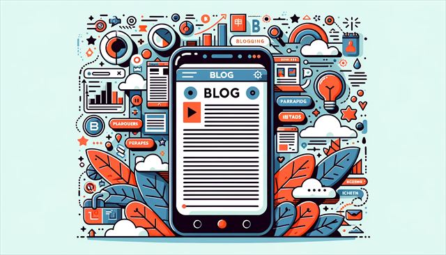 Illustration of a smartphone in a horizontal position, with a detailed blog post filled with headers, paragraphs, and images on its display. The environment around the phone is adorned with blogging icons and dynamic design elements.