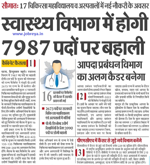 Bihar Health Department Vacancy 2022 for 7987 posts notification latest news update in hindi