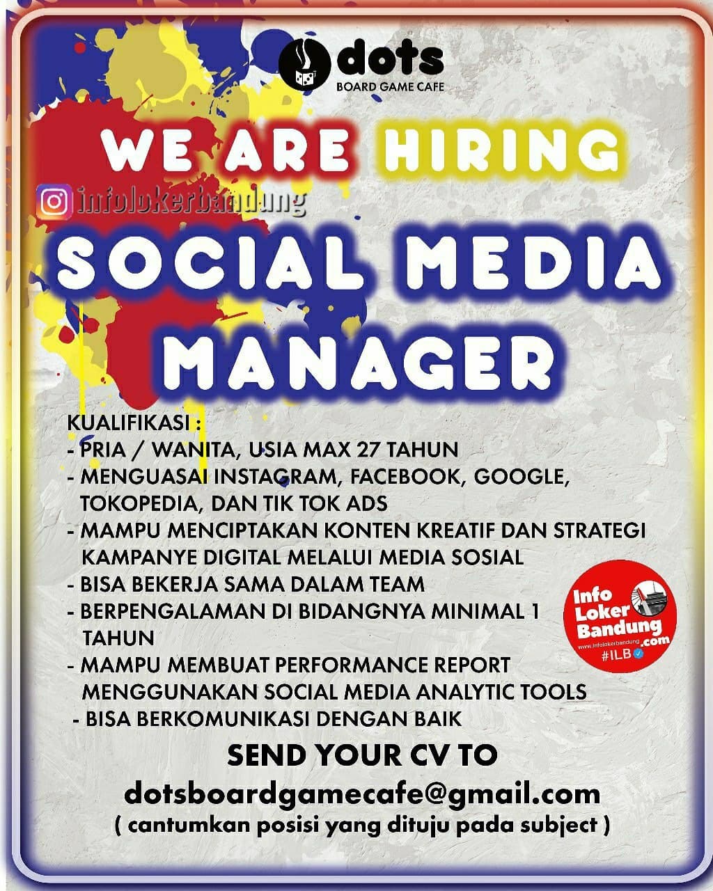 Lowongan Kerja Social Media Manager Dots Board Gama Cafe Bandung Desember 2020