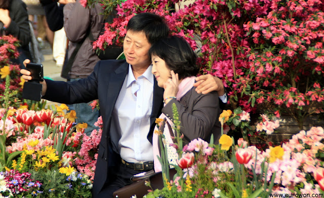 Pareja coreana madura tomándose foto delante de flores