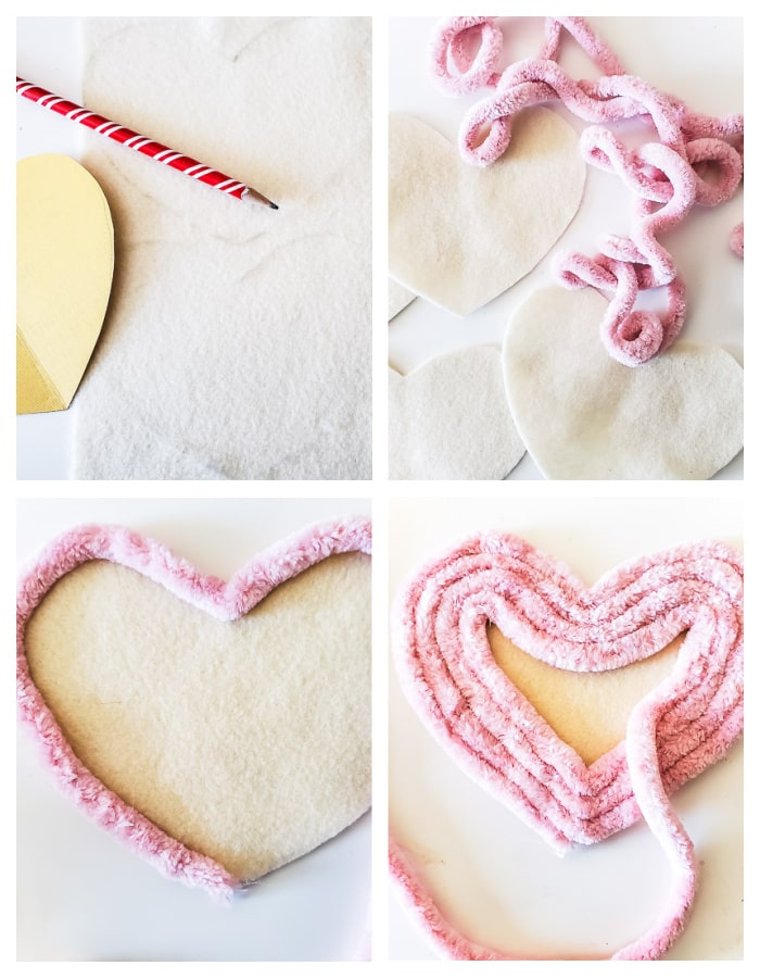 making heart shaped coasters with pink velvet yarn