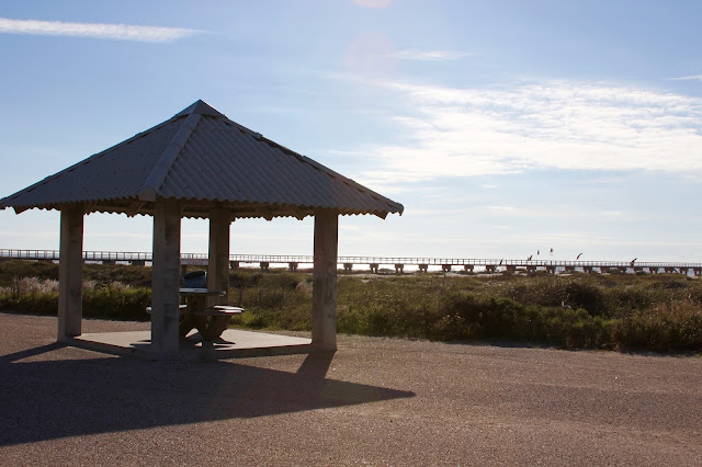 Covered Picnic Table  at Jetty Park-Jetty Pier and Gulf of Mexico in Background-Matagorda, Texas