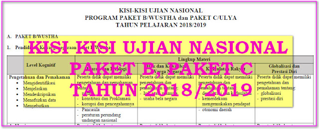 KISI KISI UJIAN NASIONAL 2019 PAKET B, PAKET C KURIKULUM 2013 - BSNP