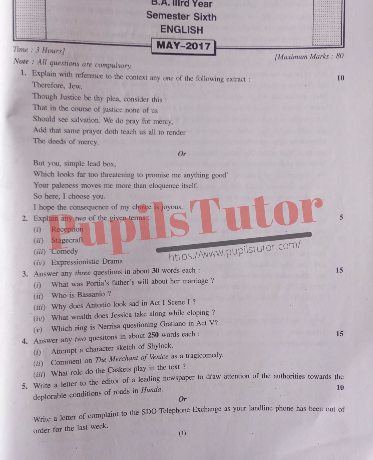KUK (Kurukshetra University, Kurukshetra Haryana) BA Semester Exam Sixth Semester Previous Year English Question Paper For May, 2017 Exam (Question Paper Page 1) - pupilstutor.com