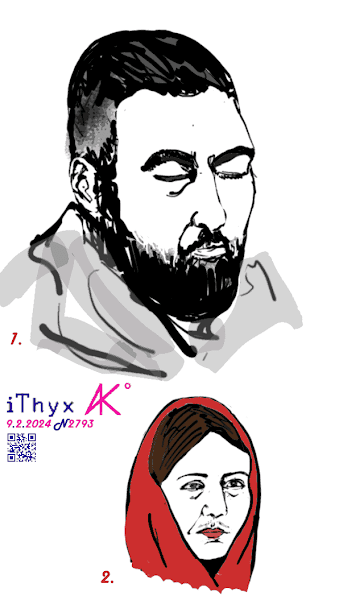Два наброска: 1. Чернобородый мужчина с закрытыми глазами. 2. Голова женщины, с усиками, в красном платке.. Автор рисунка: художник #iThyx