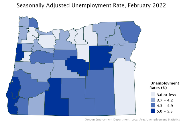 Map of seasonally adjusted unemployment rate by county in Oregon for February 2022. Klamath County had the highest unemployment rate at 5.5%. Benton and Wheeler counties had the lowest unemployment rate at 3.0% each.