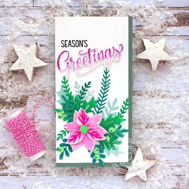 Sunny Studio Stamps: Pristine Poinsettias Dies Winter Greenery Dies Season's Greetings Christmas Card by Vanessa Menhorn