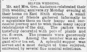 Kristin Holt | Victorian-American Wedding Anniversary Parites: a 25th Silver Wedding Anniversary celebrated at home by Mr. and Mrs. Geo. Anderson. Published in The Topeka Daily Capital of Topeka, Kansas, on November 11, 1888. 