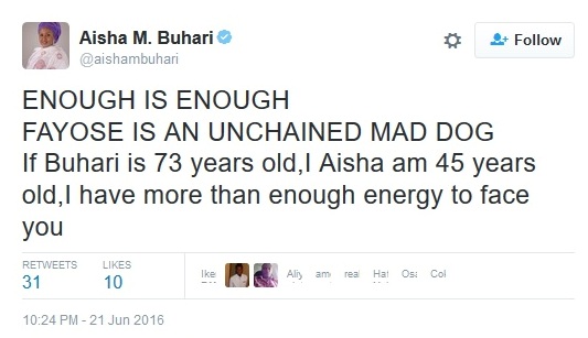 Aisha Buhari deletes Fayose’s mad dog tweet