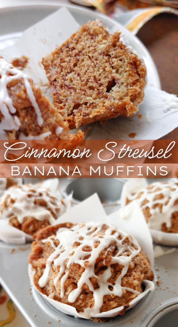 Banana Muffins with Cinnamon Streusel Topping! Moist, tender banana bread muffins finished with an easy cinnamon praline crumb topping drizzled with simple vanilla cream icing.