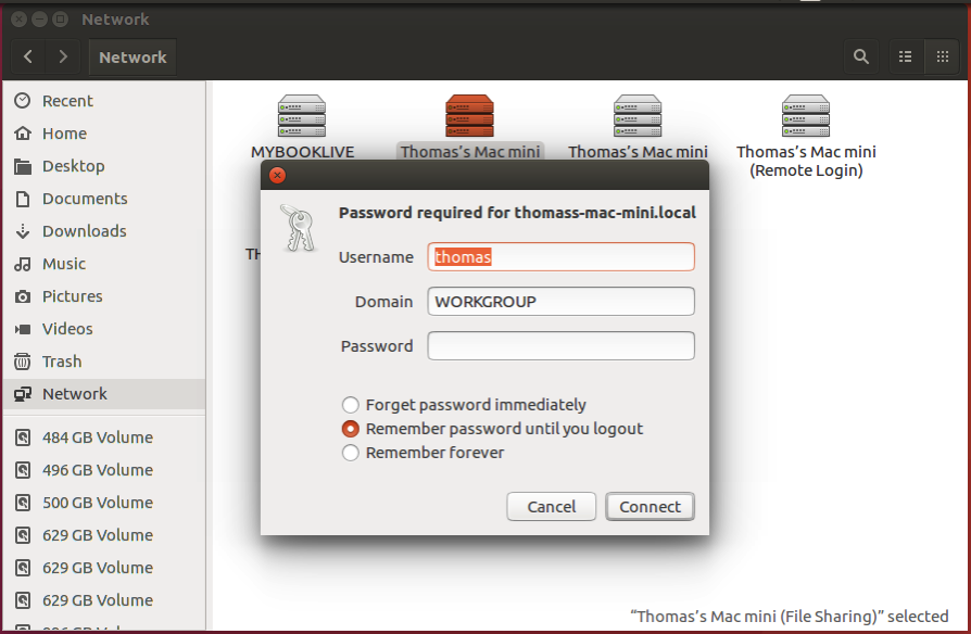 Nautilus file manager showing UNSUCESSFUL log in attempt with three line dialog box