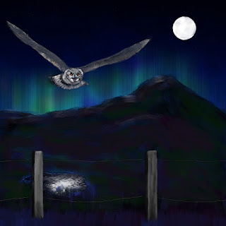 Digital painting of a grey/white owl flying towards a fence post at night. Hills and aurora and moon in the background.