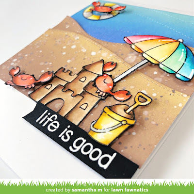 Life is Good Card by Samantha Mann for Lawn Fawnatics Challenge, Lawn Fawn, Distress Ink, Summer, Crabs, Card Making, Handmade Cards, Die Cuts, Beach, #lawnfawnatics #lawnfawnaticschallenge #lawnfawn #distressinks #inkblending #cardmaker #beach