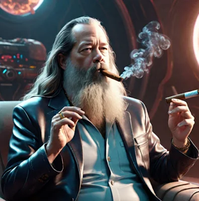 Rick Rubin from the waist up smoking a cigar wearing a black leather suit