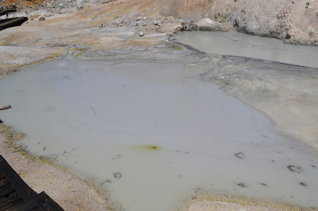 green algae in a hole in the mud of hot water